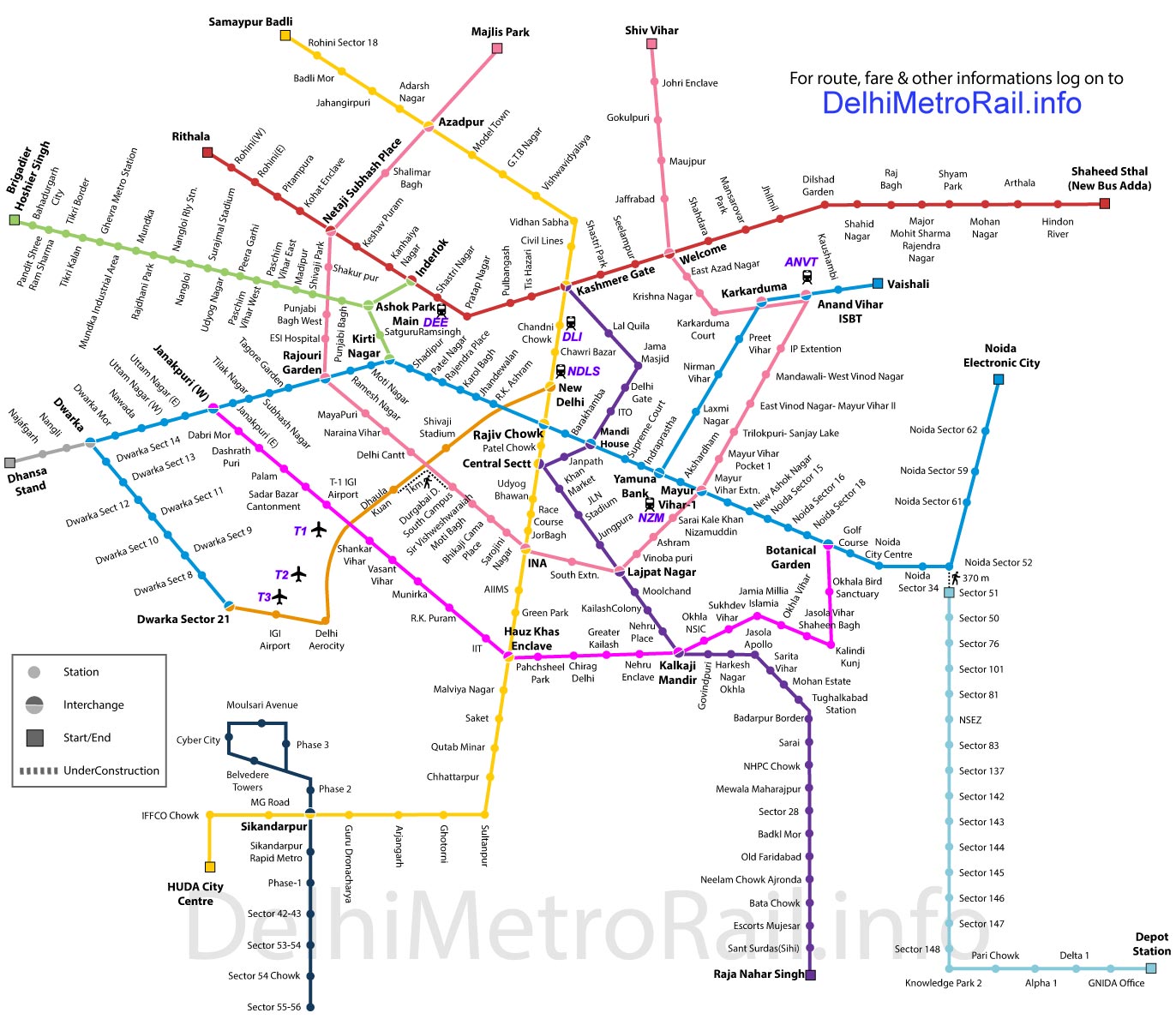 Rajiv chowk to sarojini nagar metro route